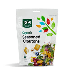 365 by Whole Foods Market organic seasoned croutons in package; ideal crunchy salad topping.