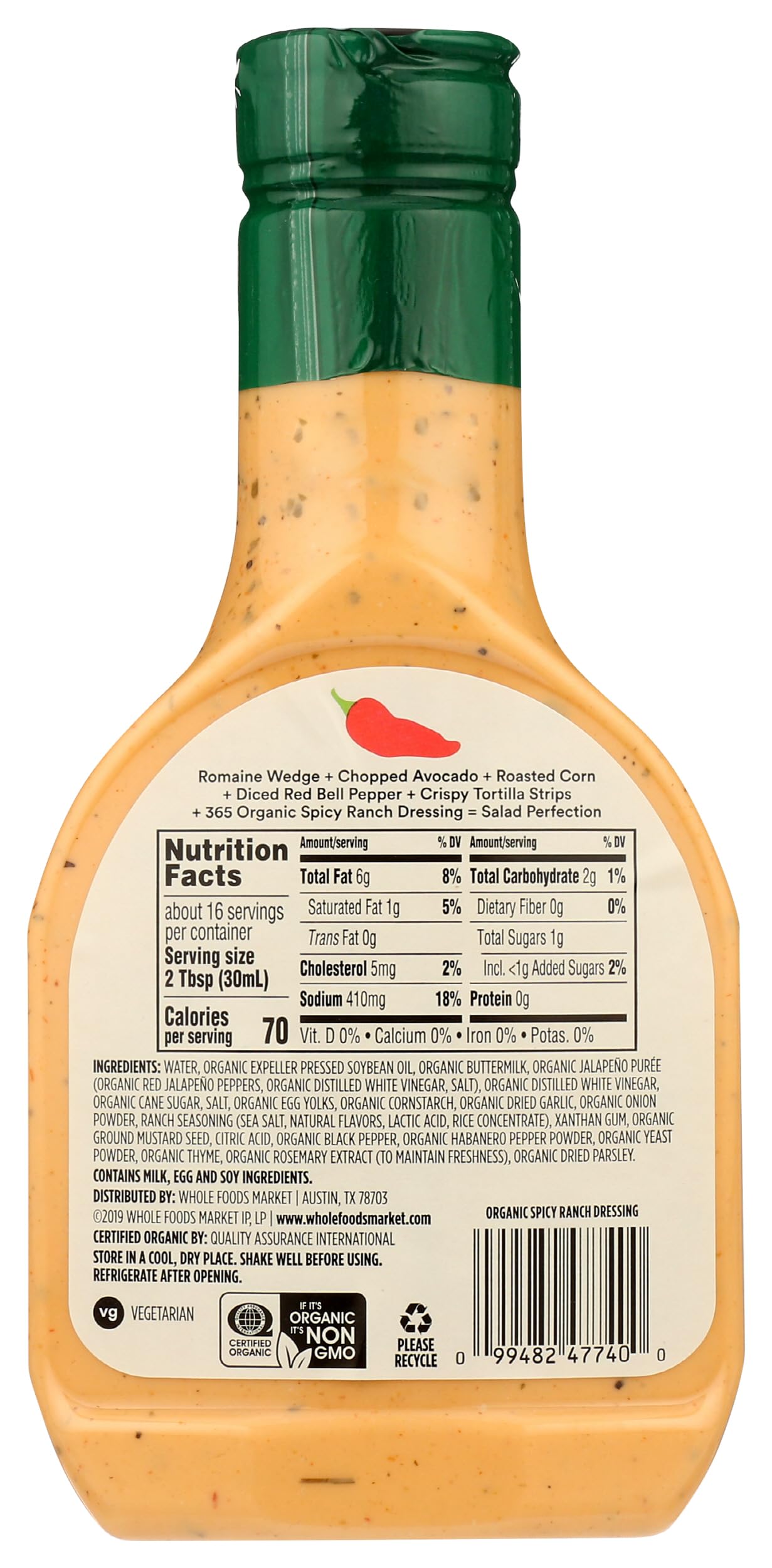 Close-up of 365 dressing label showing non-GMO recipe