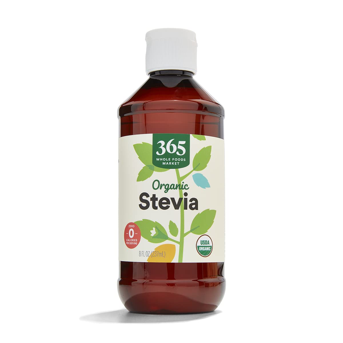 365 by Whole Foods Market organic stevia liquid extract bottle with pour for zero-calorie beverages.