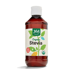 365 by Whole Foods Market organic stevia liquid extract bottle with pour for zero-calorie beverages.