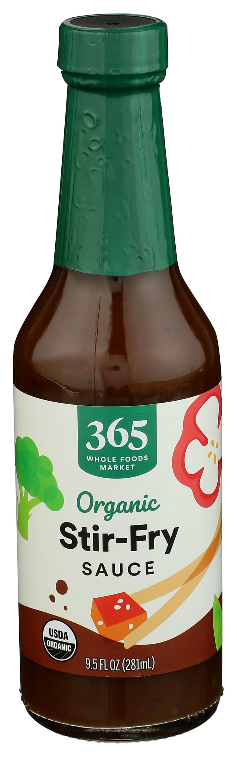 365 by Whole Foods Market organic stir-fry sauce bottle being poured for quick weeknight dinners.