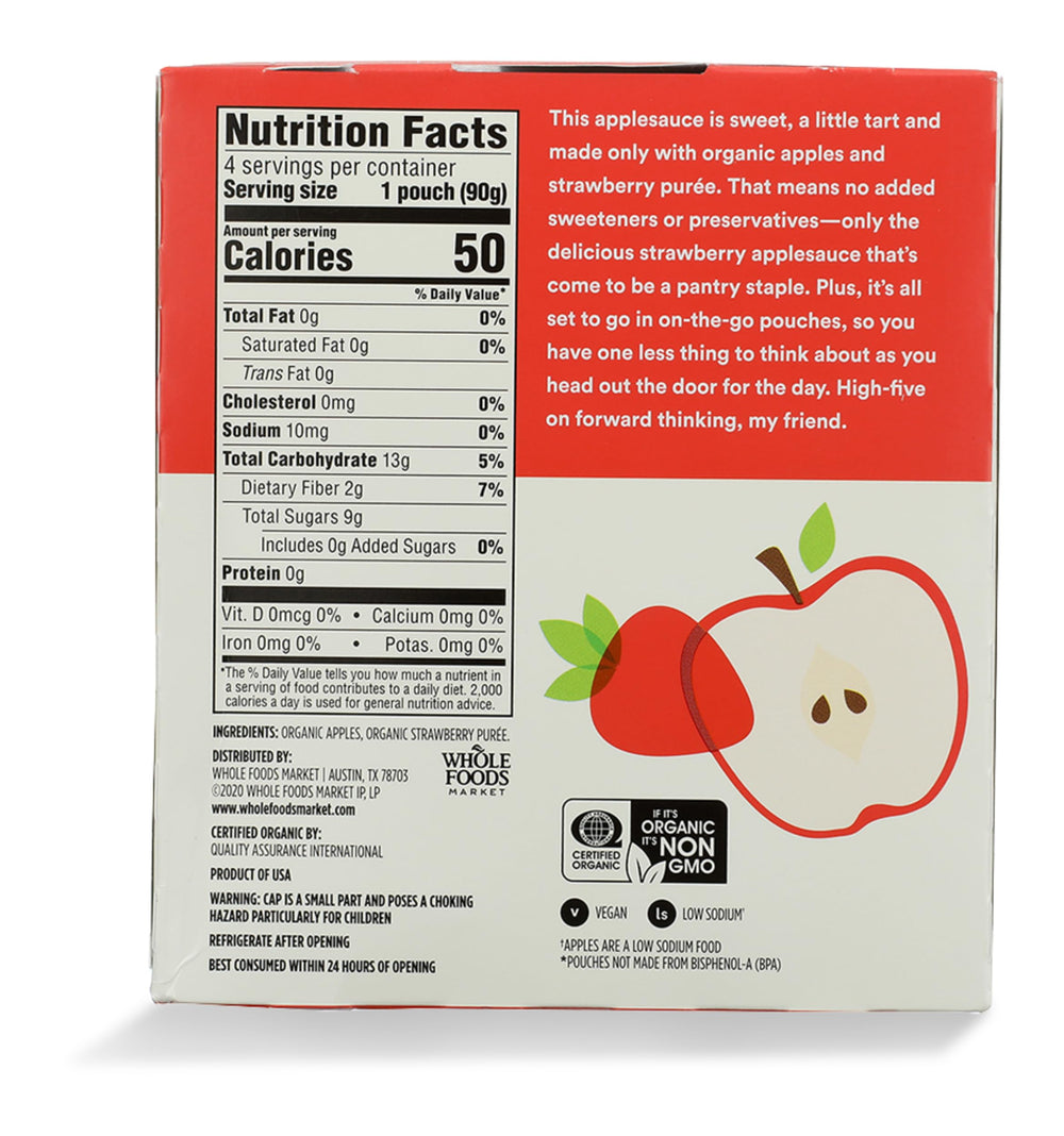 365 by Whole Foods Market organic applesauce pouch with strawberry puree for kids.
