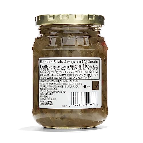 Close-up texture of relish in 365 jar with organic cucumbers and crisp bits.