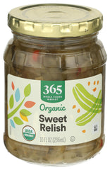 365 by Whole Foods Market Organic Sweet Pickle Relish jar on table, ideal burger topping.