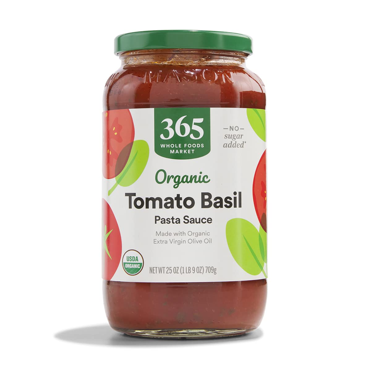 365 by Whole Foods Market Organic Tomato Basil Pasta Sauce bottle closeup, ready for weeknight pasta.