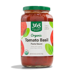 365 by Whole Foods Market Organic Tomato Basil Pasta Sauce bottle closeup, ready for weeknight pasta.