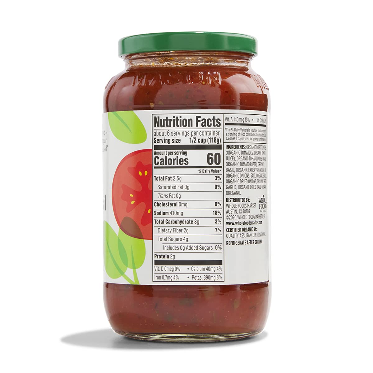 365 by Whole Foods Market Organic Tomato Basil Pasta Sauce label front showing no added sugar.