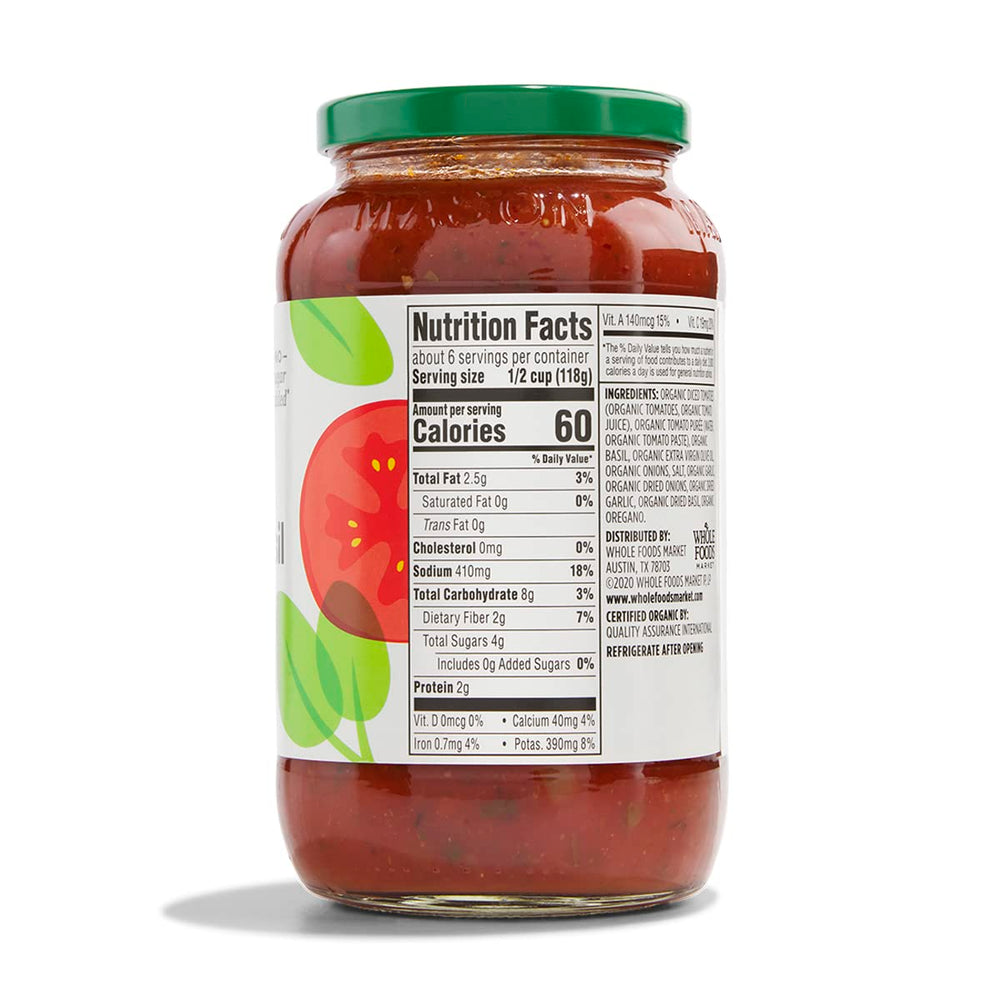 365 by Whole Foods Market Organic Tomato Basil Pasta Sauce label front showing no added sugar.