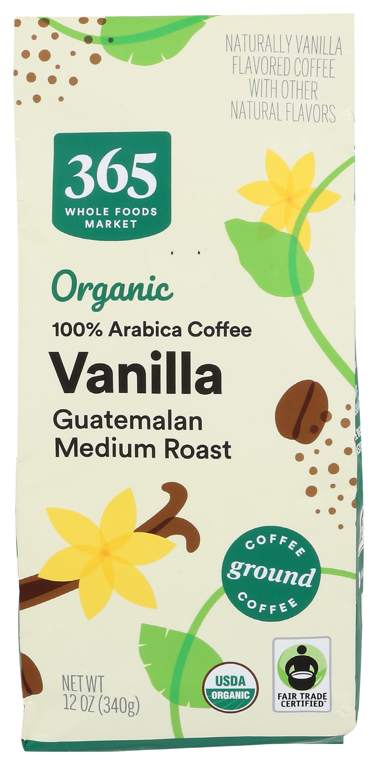 365 by Whole Foods Market Organic Vanilla Guatemalan Ground Coffee bag with rich vanilla aroma