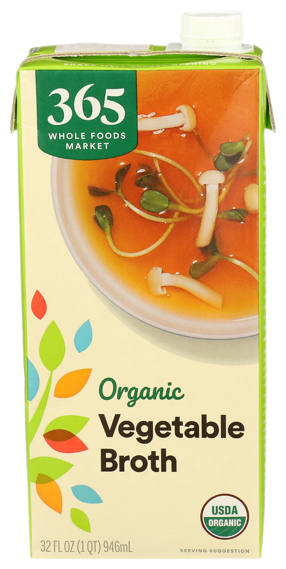 365 by Whole Foods Market organic vegetable broth bottle front, a versatile kitchen staple.