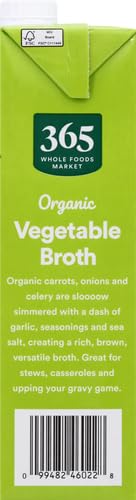 365 by Whole Foods Market organic vegetable broth on pantry shelf ready for weeknight cooking.