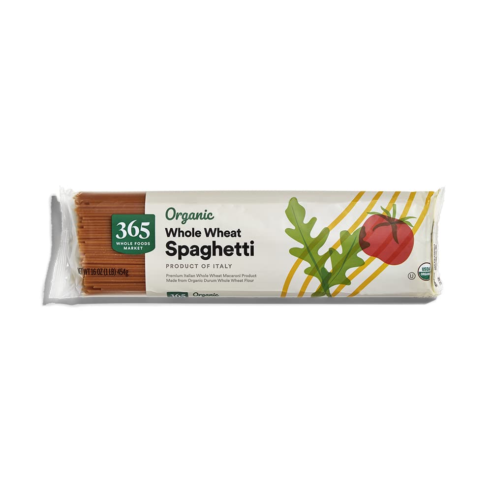365 by Whole Foods Market organic whole-wheat spaghetti packaging showcases clean ingredients for simple weeknight meals.