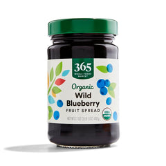 365 by Whole Foods Market organic wild blueberry spread jar on countertop, perfect for a quick breakfast.