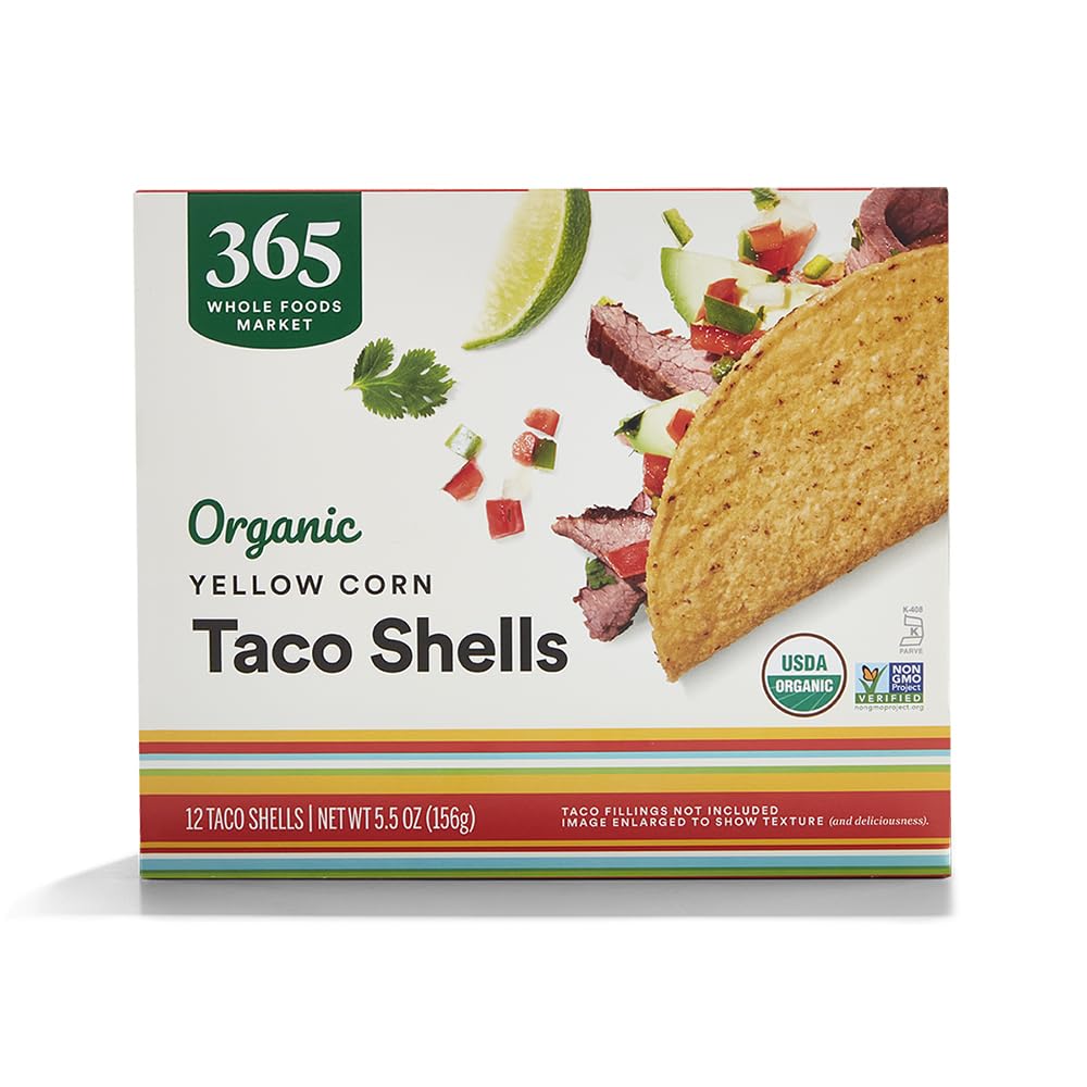 365 by Whole Foods Market organic yellow taco shells pack shows sturdy shells for family tacos