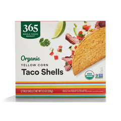 365 by Whole Foods Market organic yellow taco shells pack shows sturdy shells for family tacos
