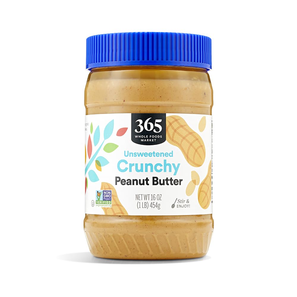 365 by Whole Foods Market peanut butter crunchy jar with oil separation ready to stir.