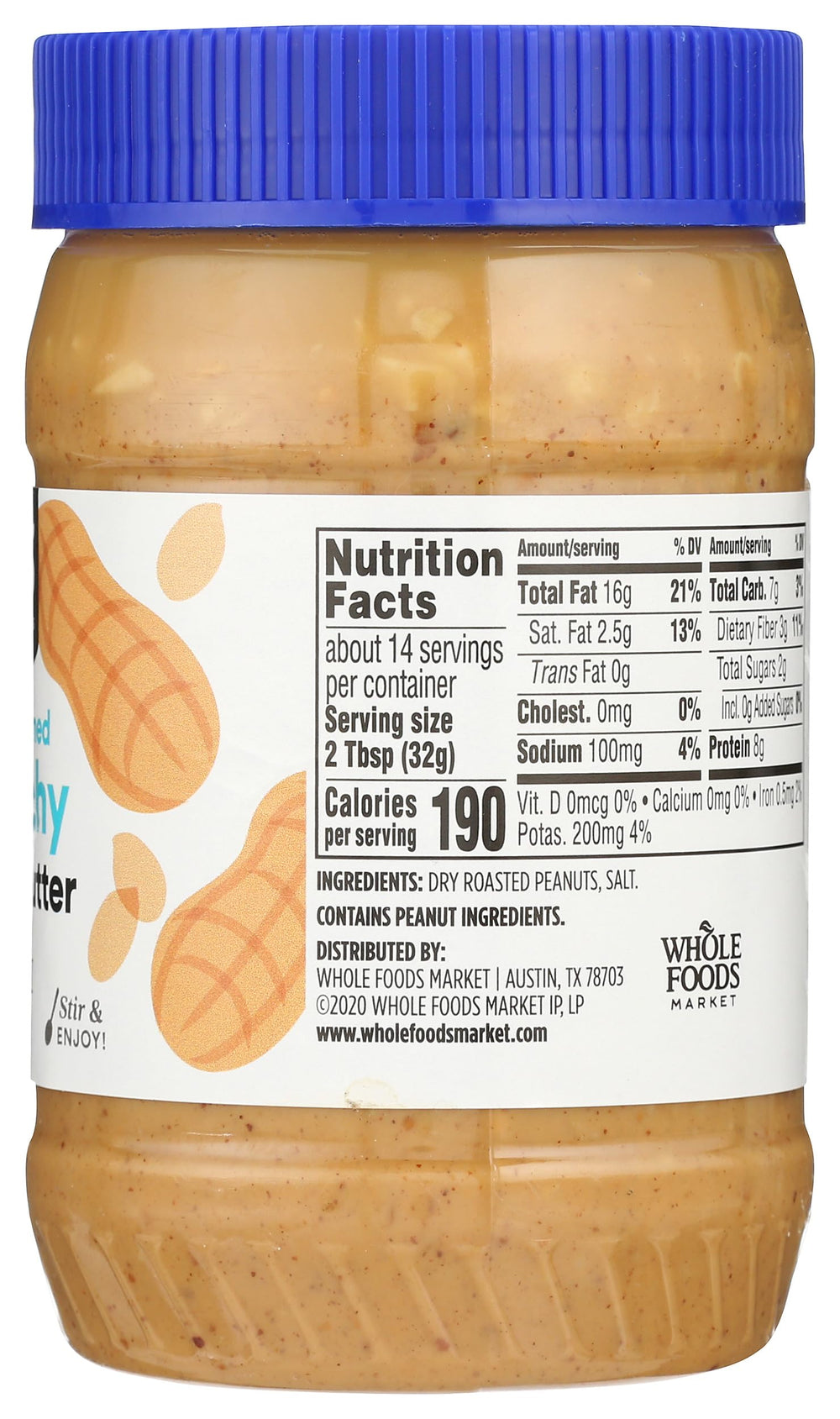 365 by Whole Foods Market peanut butter crunchy label reveals no added sugar or preservatives.