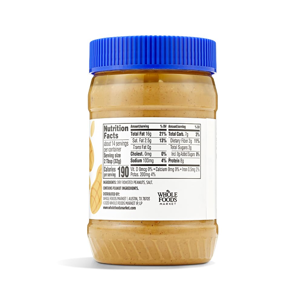 365 by Whole Foods Market peanut butter crunchy texture close-up reveals real peanut pieces.