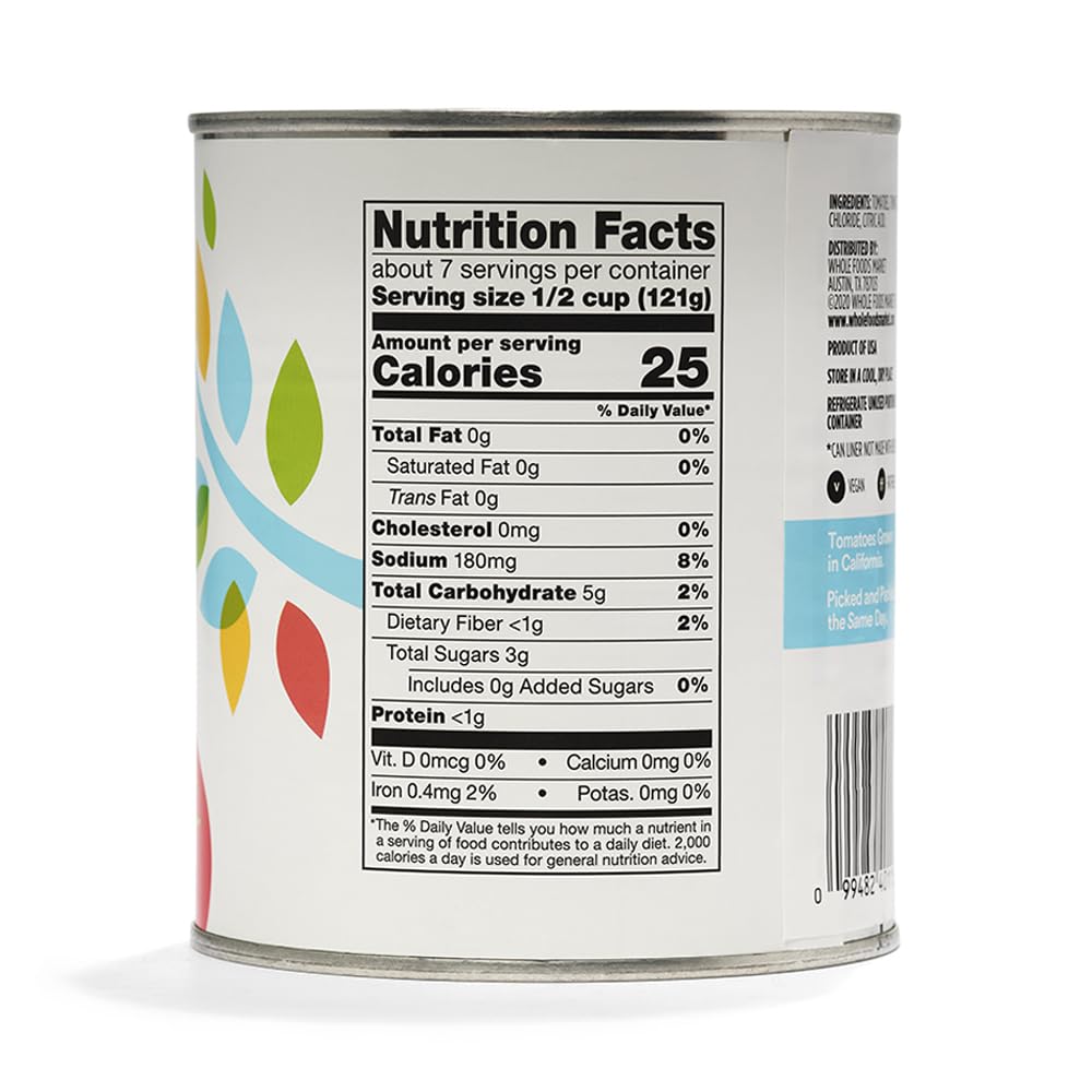 Close-up of 365 by Whole Foods peeled tomatoes label on the can