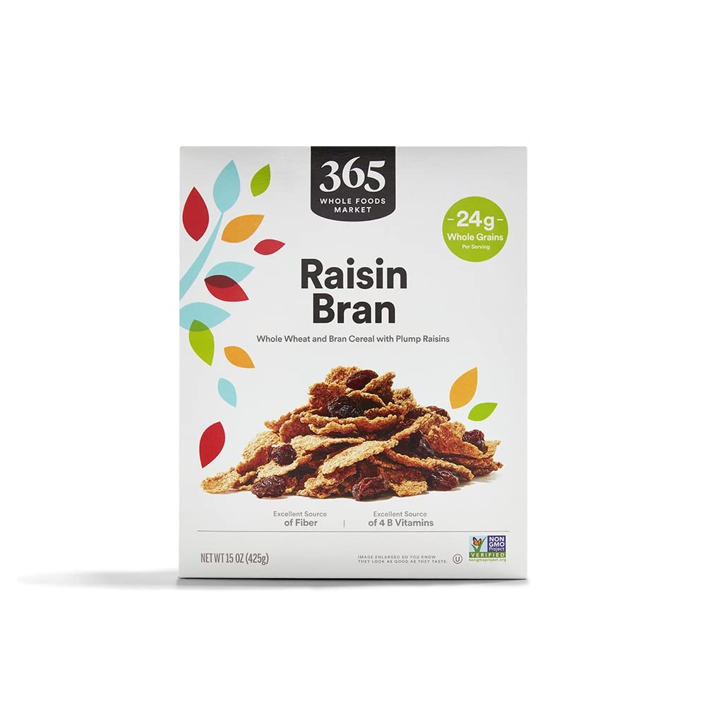 365 by Whole Foods Market Raisin Bran cereal in a bowl, fiber-rich breakfast option