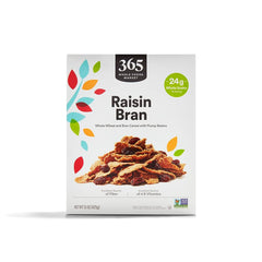 365 by Whole Foods Market Raisin Bran cereal in a bowl, fiber-rich breakfast option
