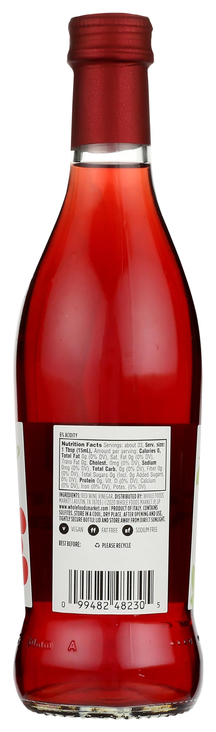 365 by Whole Foods Market red wine vinegar label close-up shows premium grape sourcing.