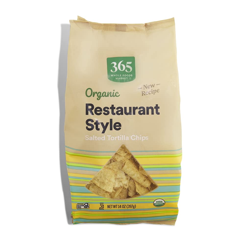 365 by Whole Foods Market restaurant-style white corn tortilla chips bag with crisp flavor