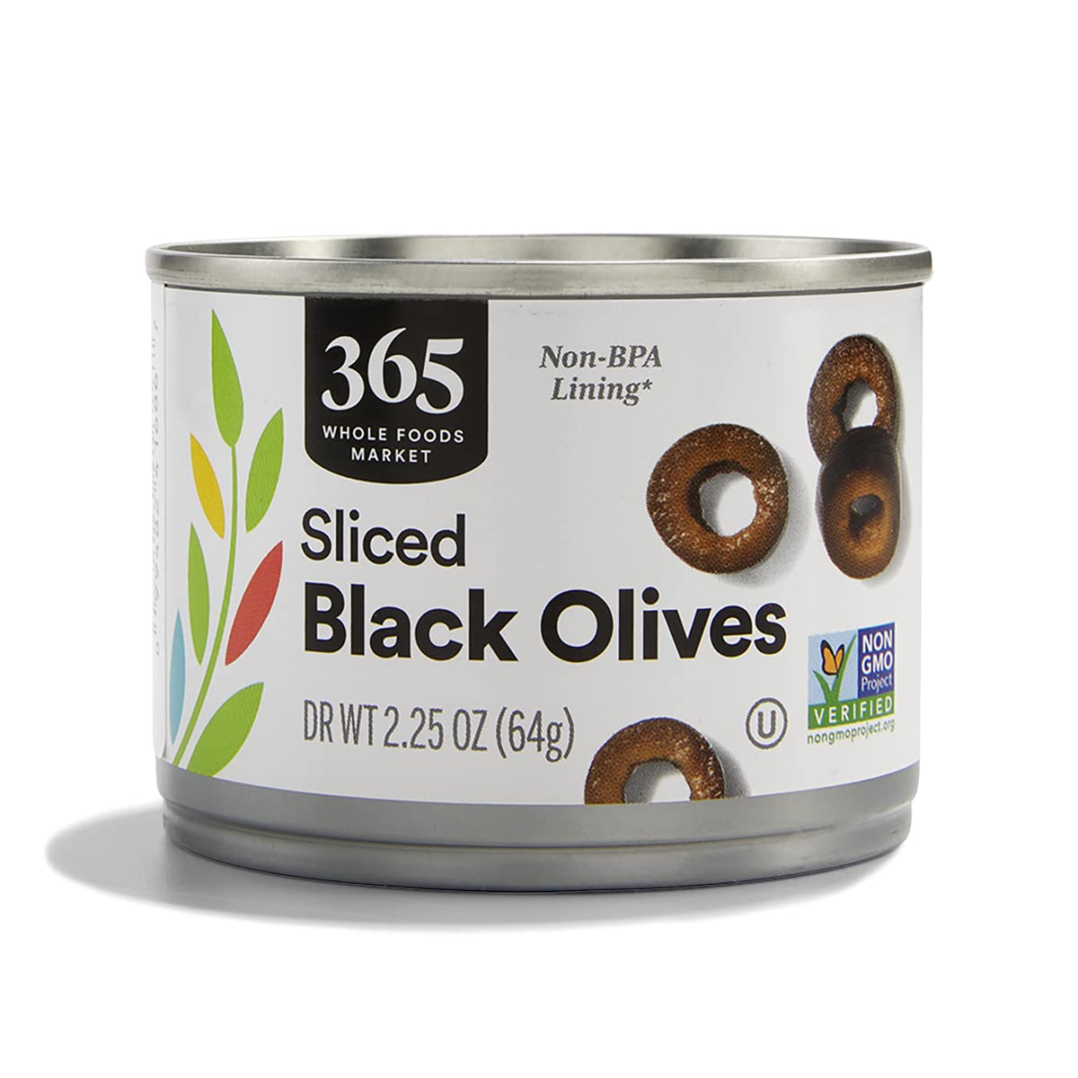365 by Whole Foods Market ripe sliced olives in a 2.25 oz jar for snacking and toppings.