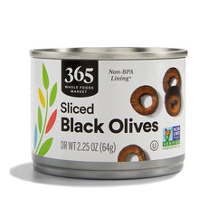 365 by Whole Foods Market ripe sliced olives in a 2.25 oz jar for snacking and toppings.