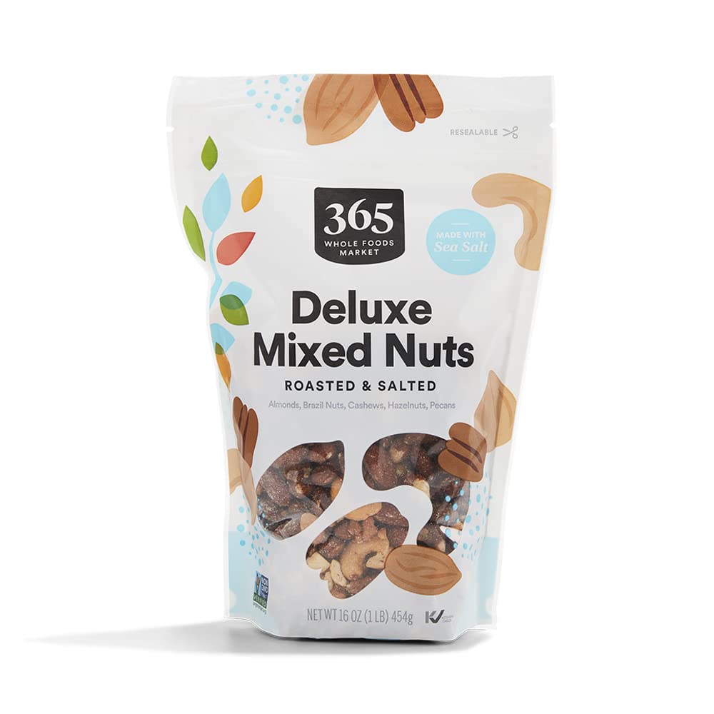 365 by Whole Foods Market roasted salted deluxe mixed nuts in resealable bag for on-the-go snacking
