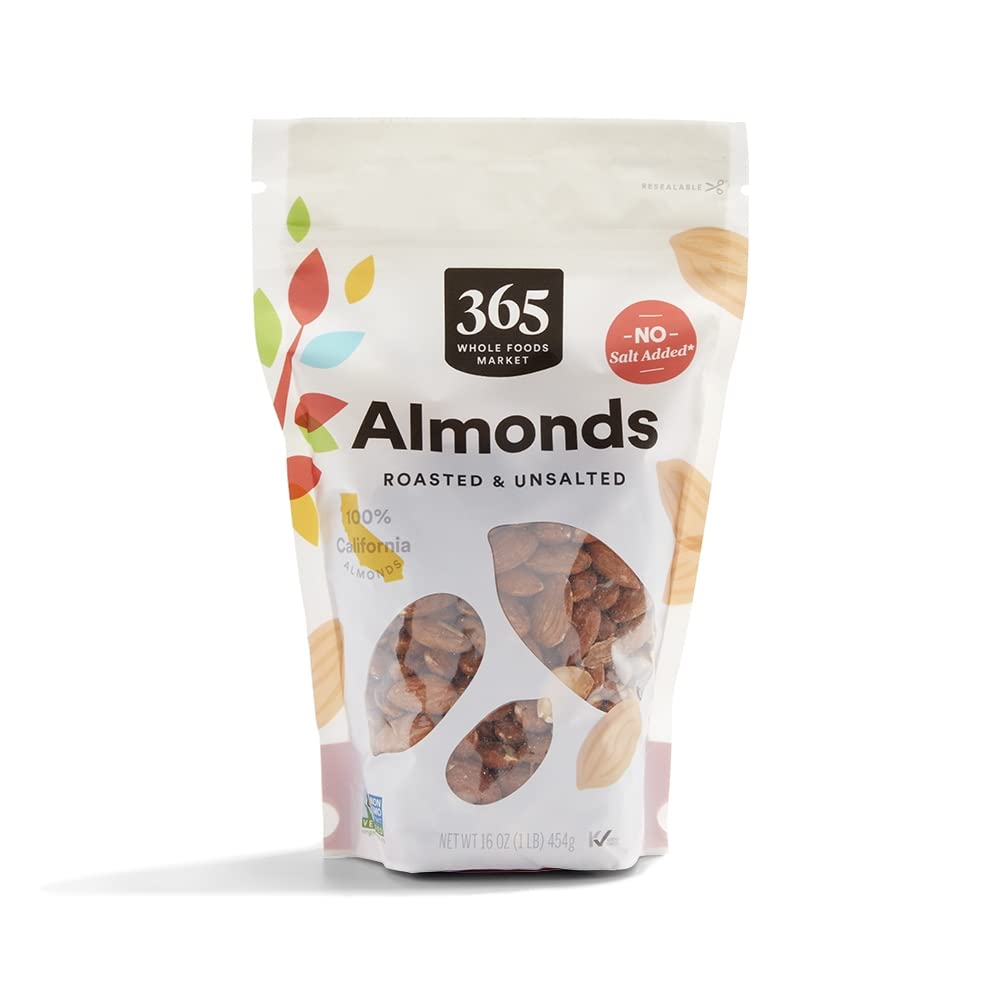 365 by Whole Foods Market roasted unsalted almonds in a bag, ideal for on-the-go snacking.