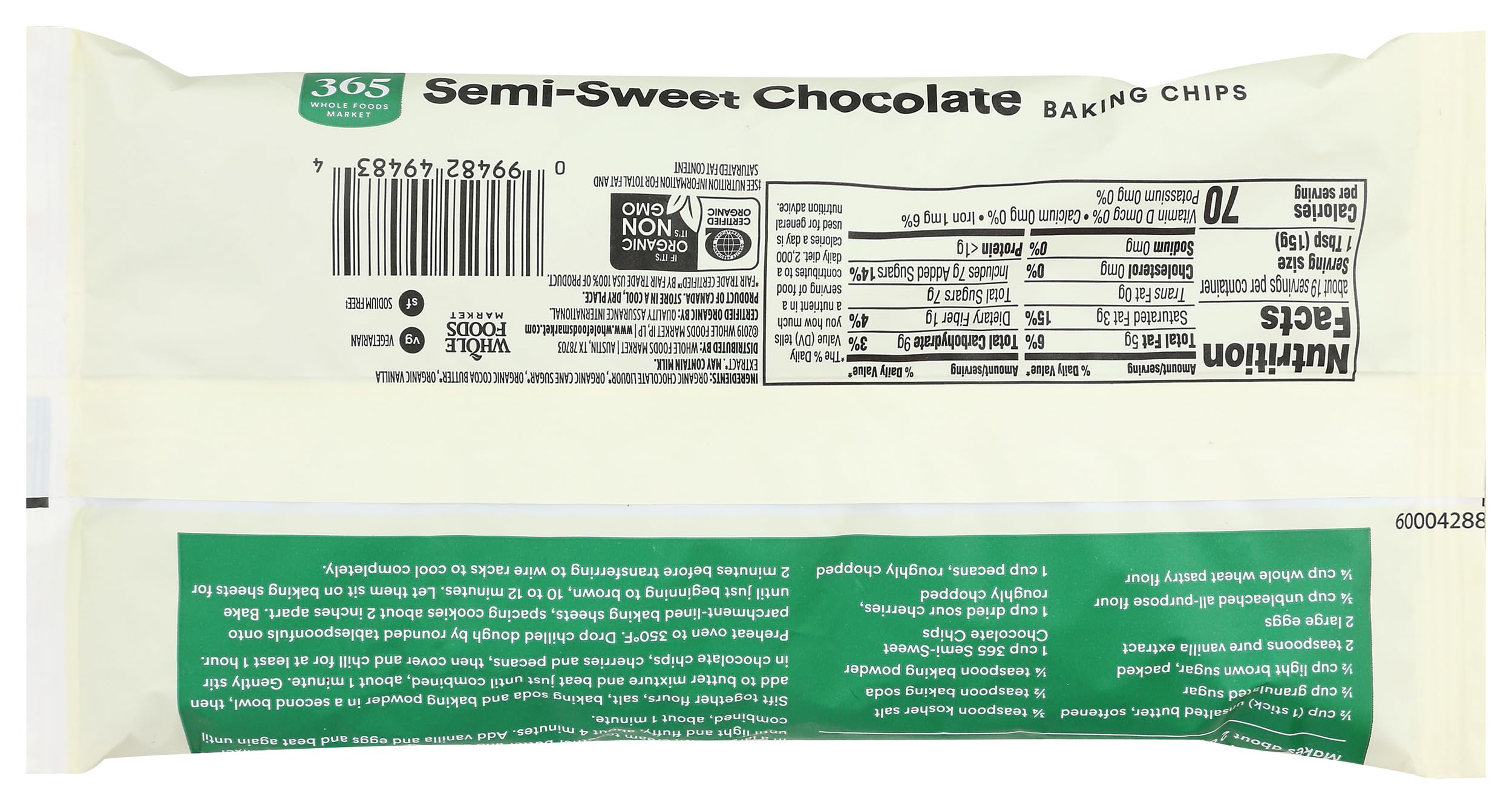 Close-up of 365 by Whole Foods Market chocolate chips, showing glossy texture for desserts.