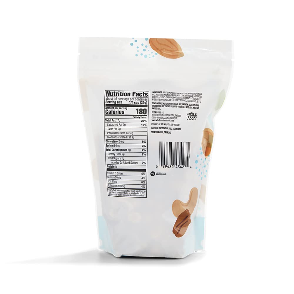 Resealable bag of 365 by Whole Foods Market mixed nuts, perfect for portion control and sharing