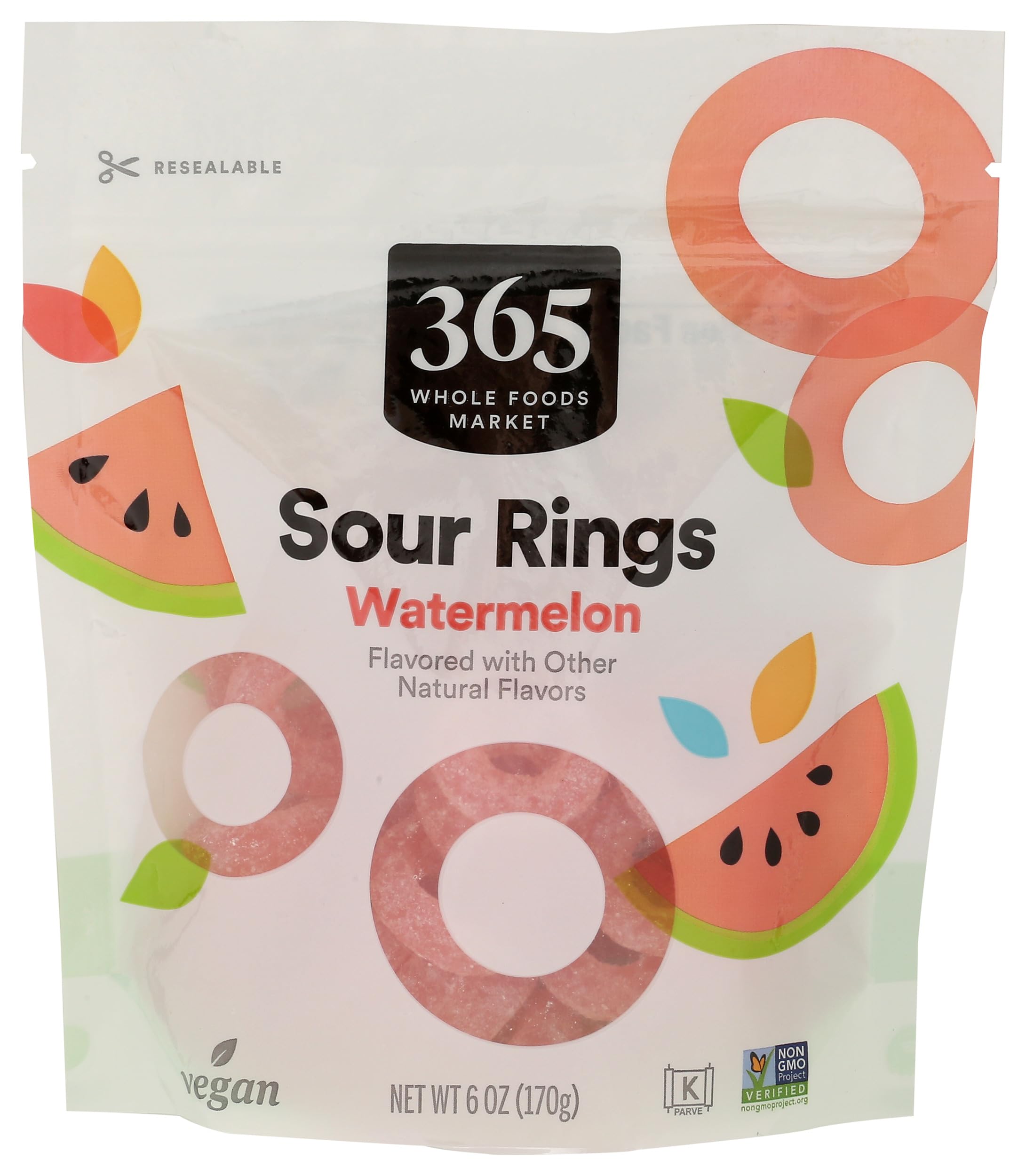 365 by Whole Foods Market sour gummy watermelon rings pack shot; convenient 6 oz pouch for on-the-go snacking