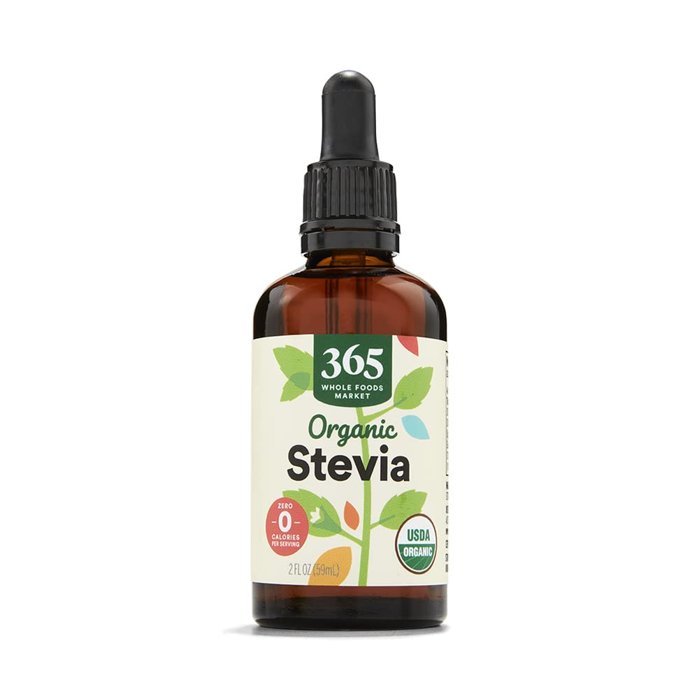 365 by Whole Foods Market stevia liquid extract bottle with dropper for zero-calorie sweetness.