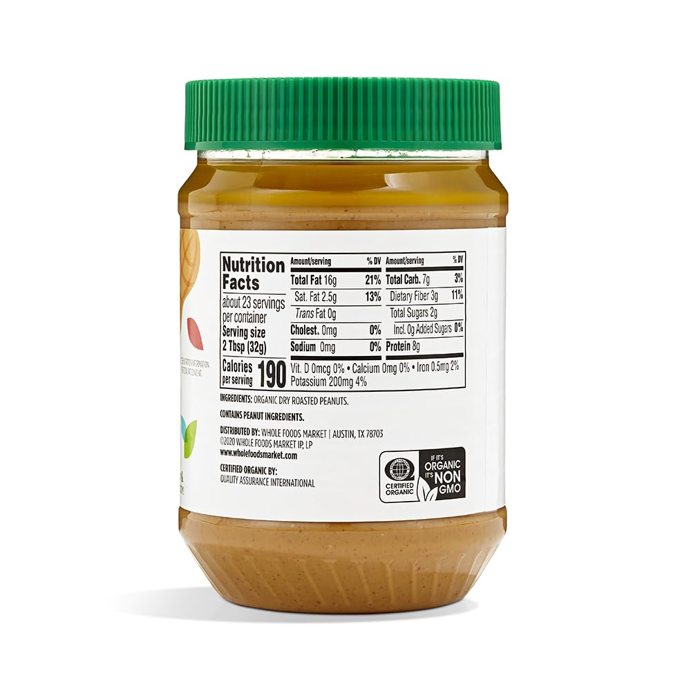 365 by Whole Foods Market stir-before-use peanut butter aids smooth texture.