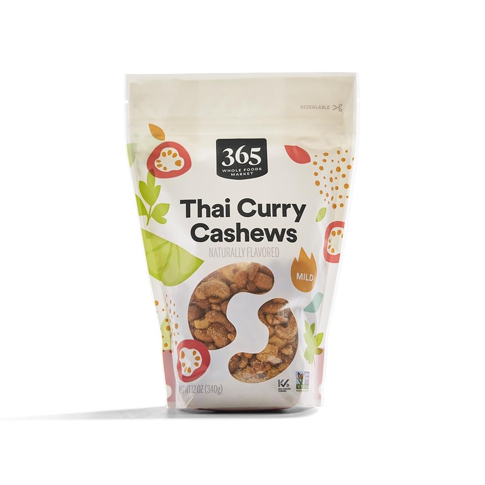 365 by Whole Foods Market Thai Curry Cashews in a resealable bag for convenient snacking.
