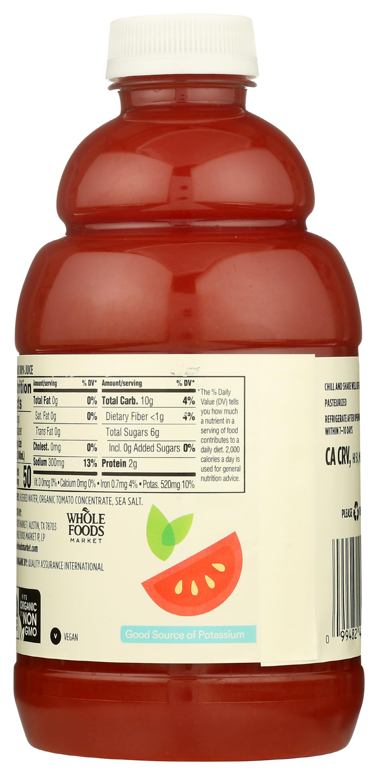 365 by Whole Foods Market tomato juice label closeup highlighting organic ingredients