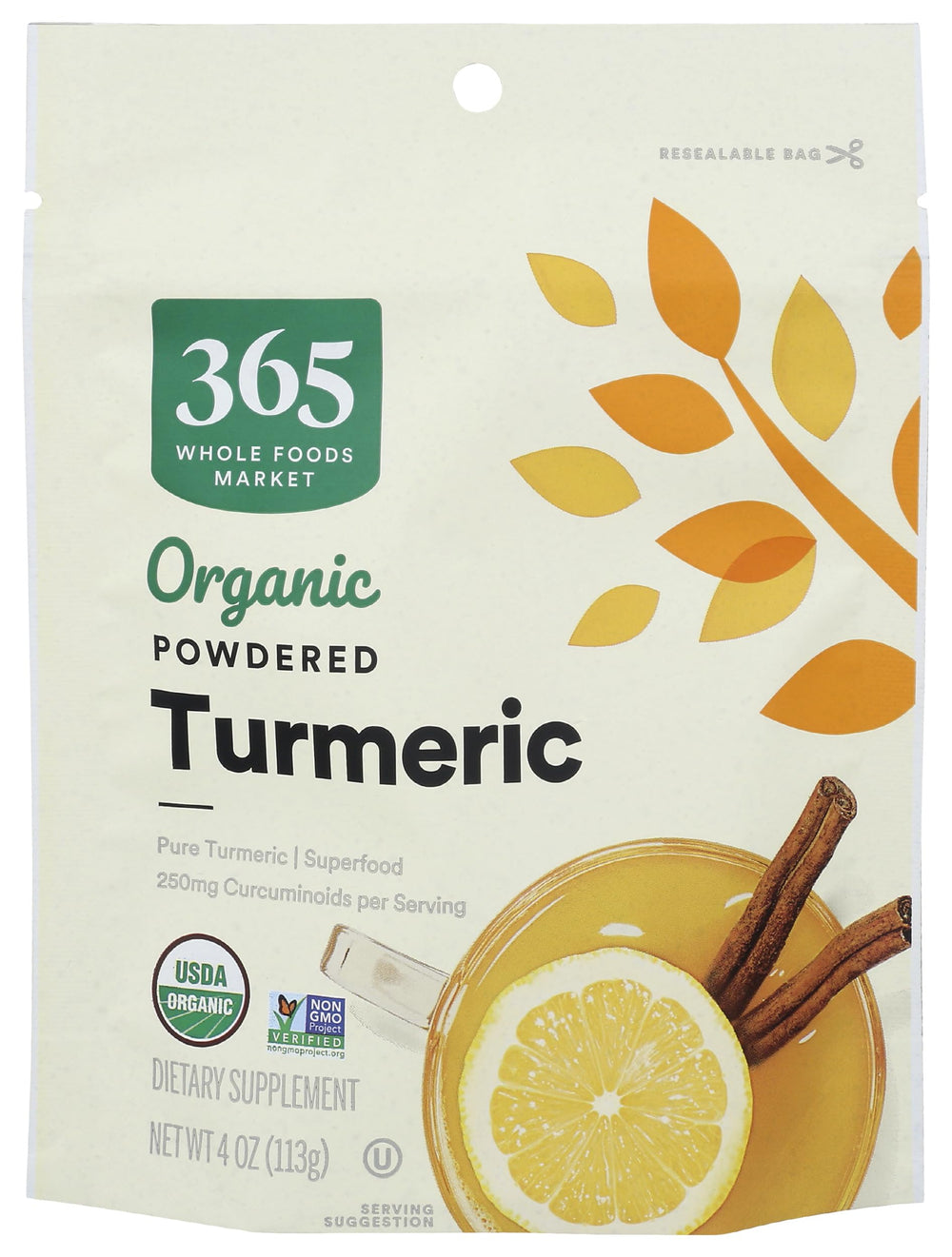 365 by Whole Foods Market turmeric powder jar front, organic and non-GMO.