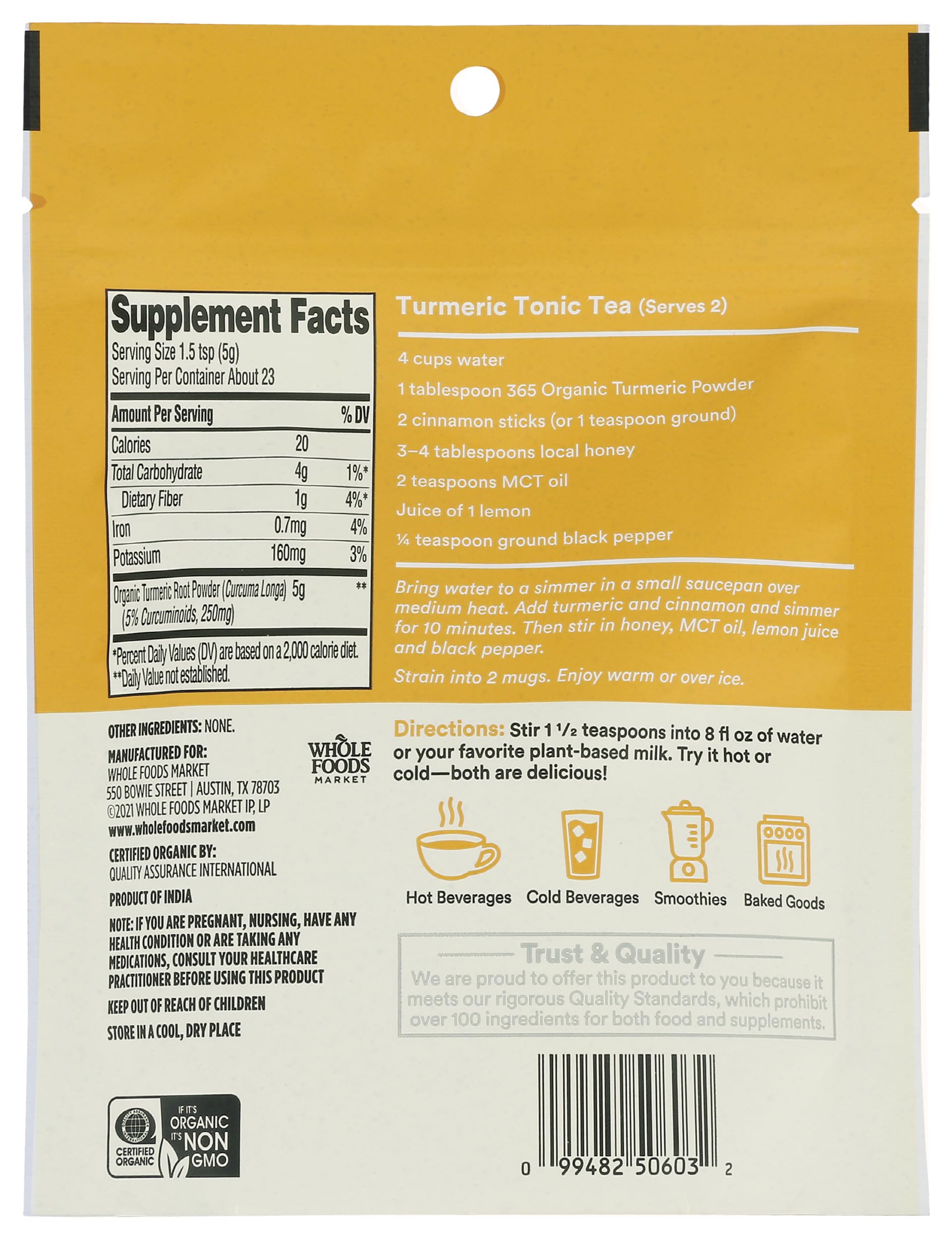 365 by Whole Foods Market turmeric powder jar label highlights organic certification.