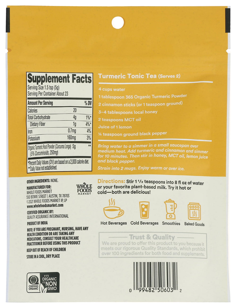 365 by Whole Foods Market turmeric powder jar label highlights organic certification.