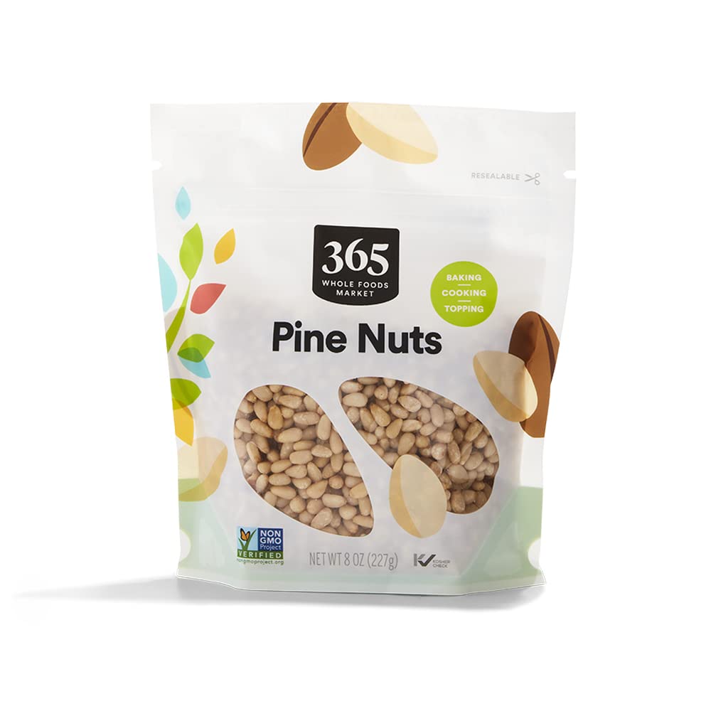 365 by Whole Foods Market unsalted pine nuts in 8 oz bag, ideal for baking and snacking.