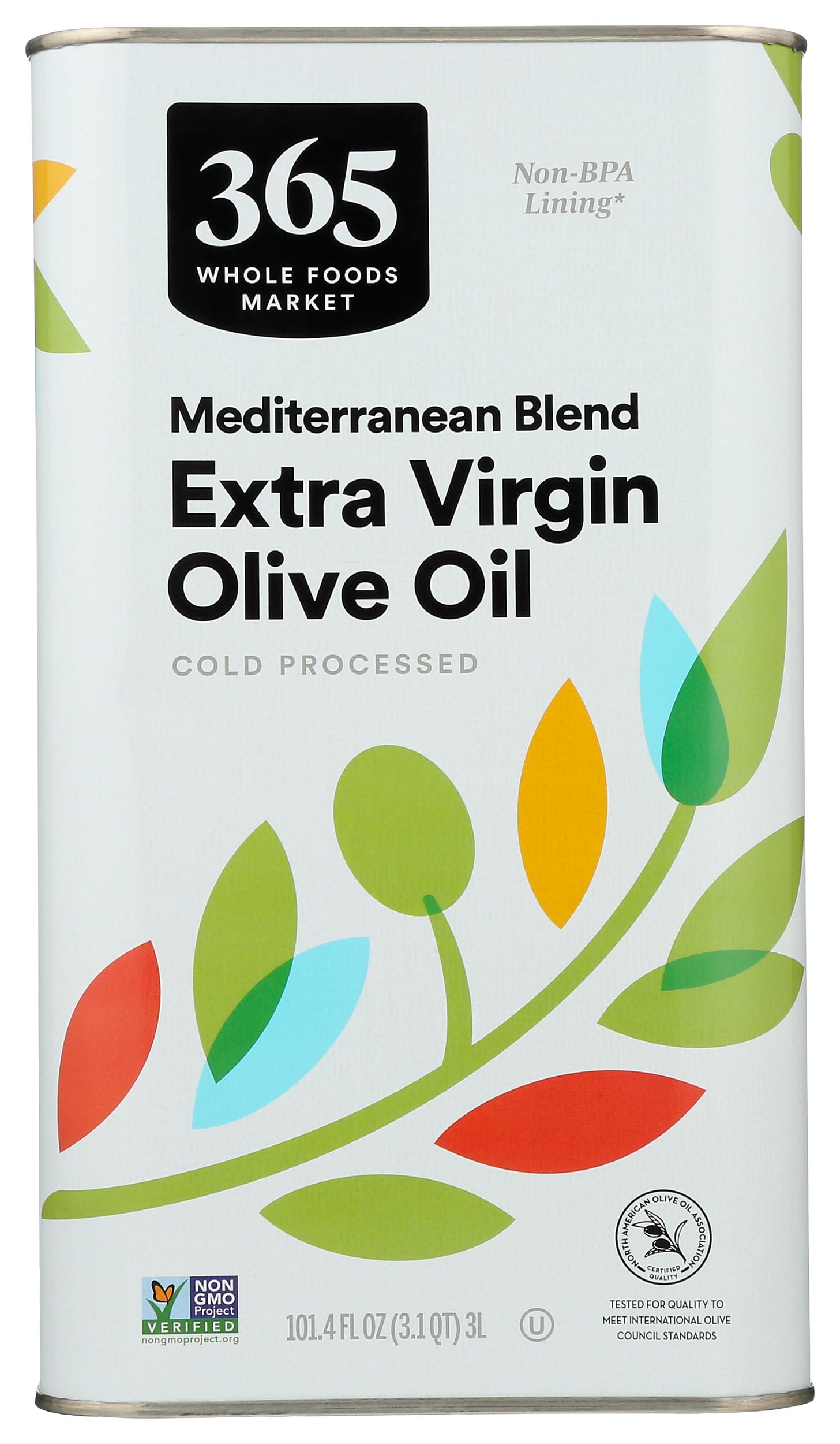 365 by Whole Foods Market Mediterranean olive oil bottle ideal for dressings and sautéing.