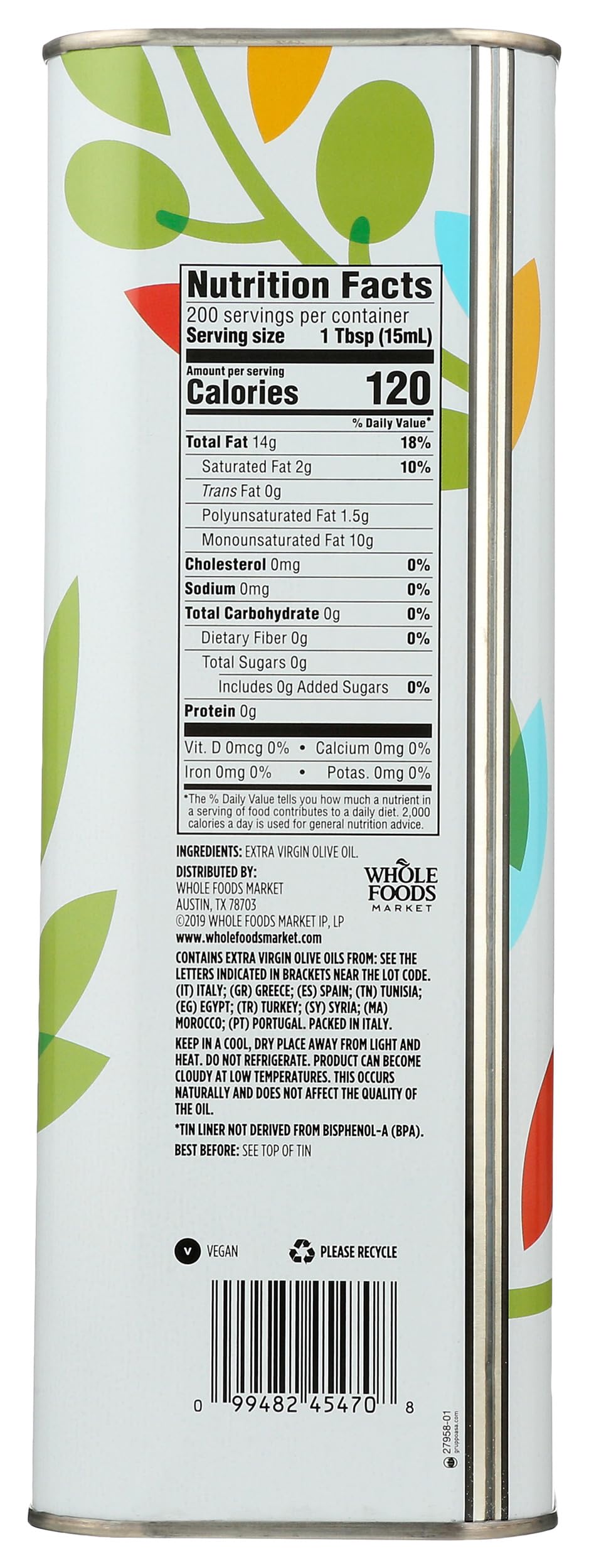 365 by Whole Foods Market Mediterranean olive oil label close-up with marinade-friendly flavor suggestion.