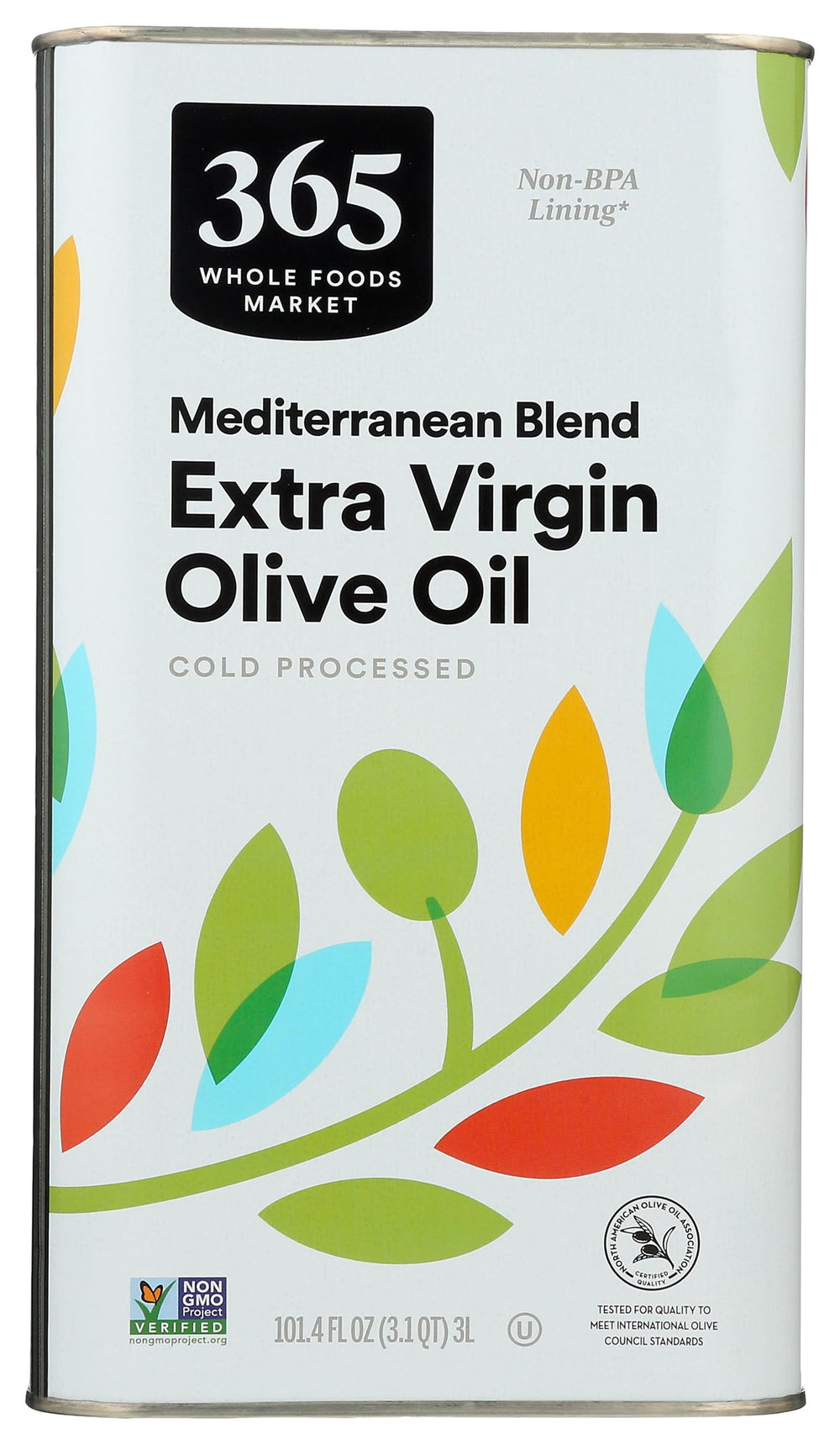 365 by Whole Foods Market olive oil bottle glass-jar shows large 101.4 fl oz size for meals.