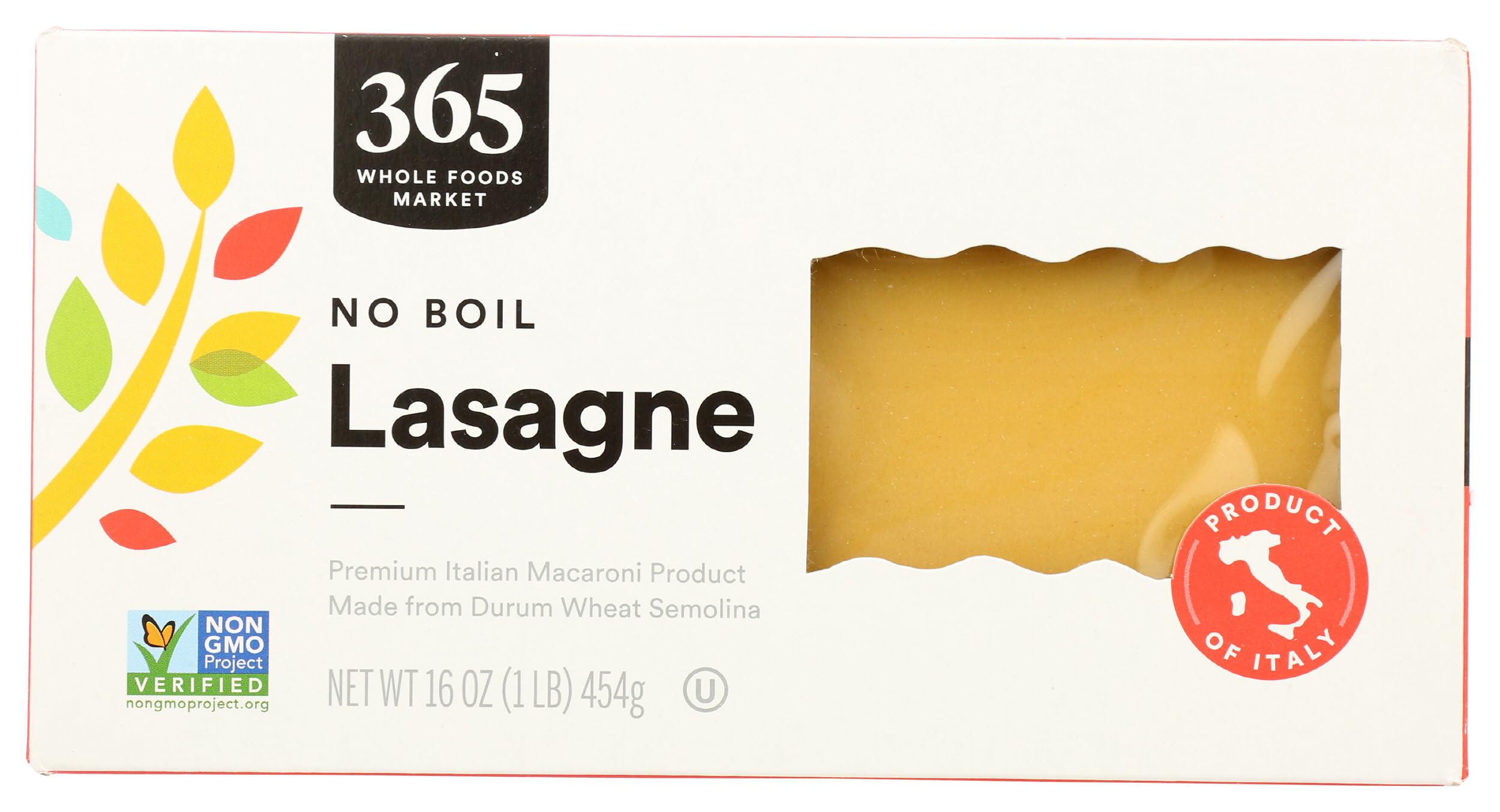 365 by Whole Foods Market No Boil Lasagne pack shot shows a simple dinner option.