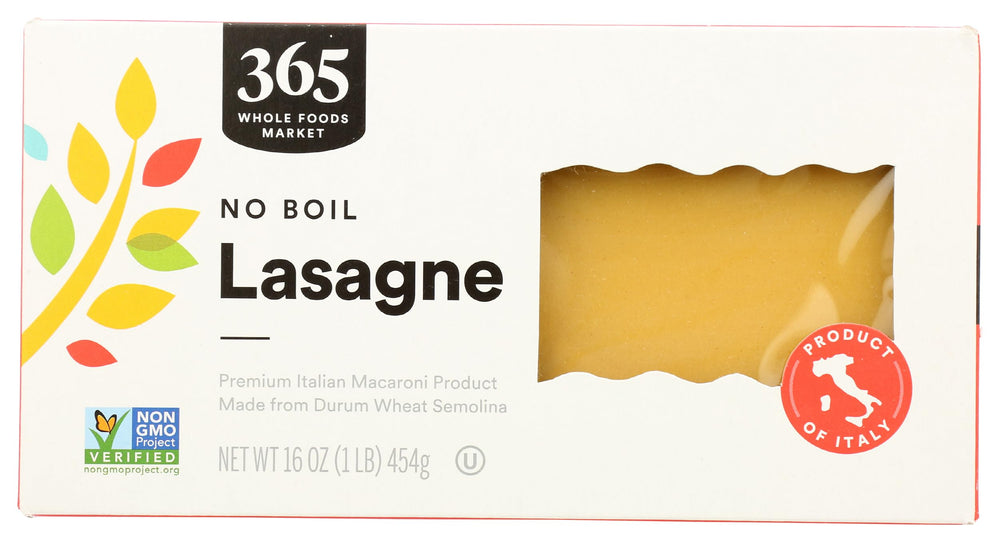 365 by Whole Foods Market No Boil Lasagne pack shot shows a simple dinner option.
