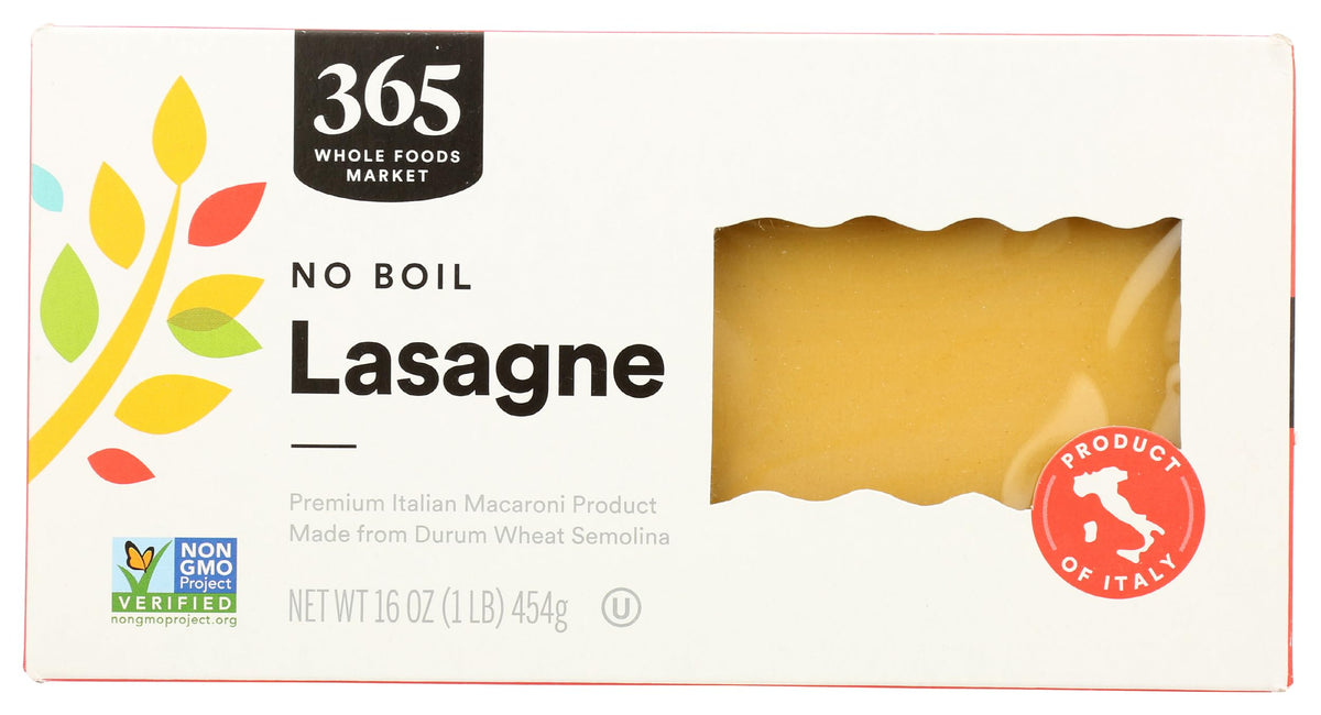 365 by Whole Foods Market No Boil Lasagne pack shot shows a simple dinner option.