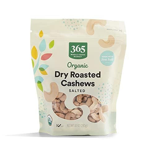 365 by Whole Foods Market organic dry roasted cashews in a bag, protein-rich snack.