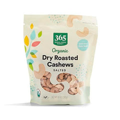 365 by Whole Foods Market organic dry roasted cashews in a bag, protein-rich snack.